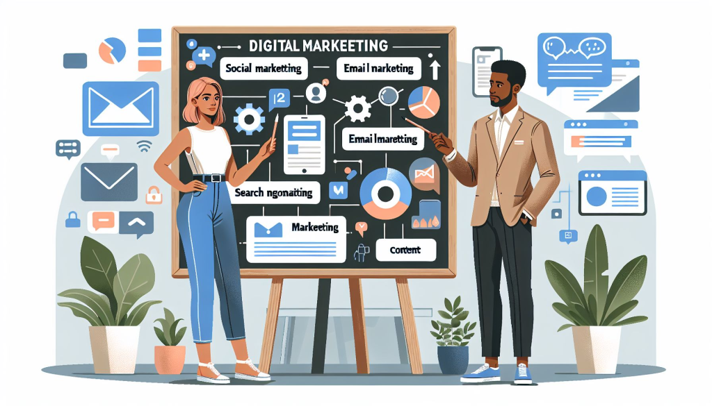 Digital illustration of two professionals discussing digital marketing strategies in front of a chalkboard, highlighting key services like social media, email marketing, SEO, and content creation — visually reinforcing the value of hiring a digital marketer for brand growth.