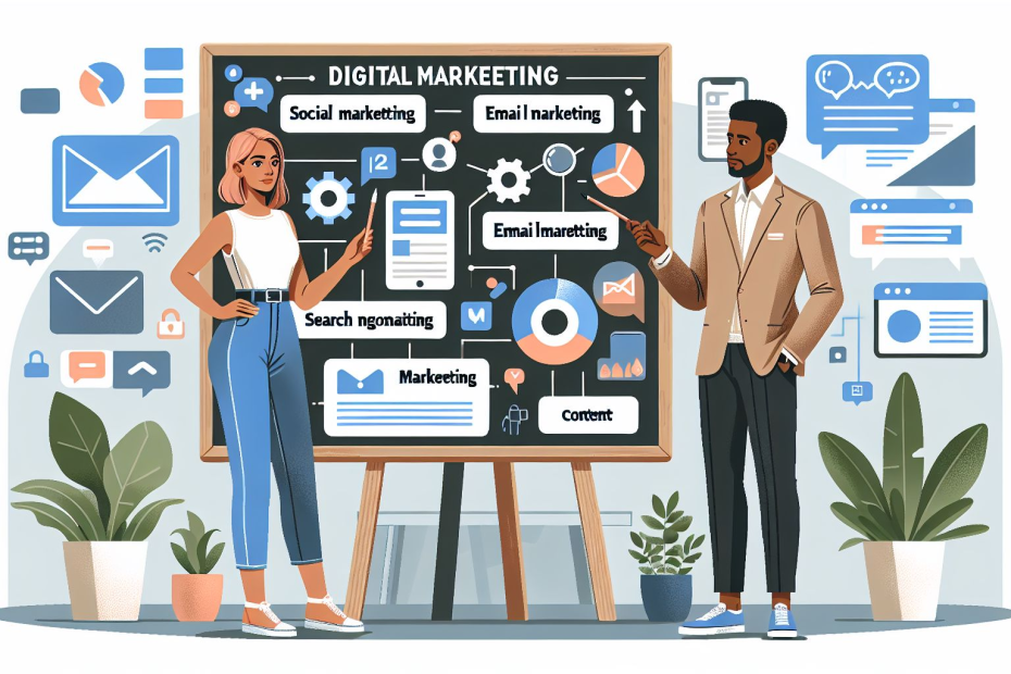 Digital illustration of two professionals discussing digital marketing strategies in front of a chalkboard, highlighting key services like social media, email marketing, SEO, and content creation — visually reinforcing the value of hiring a digital marketer for brand growth.