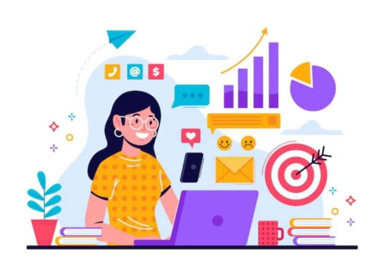 Digital marketer analyzing campaign tracking data on a laptop, surrounded by icons for communication, analytics, and productivity.